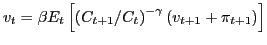 $ v_{t}=\beta E_{t}\left[ \left( C_{t+1}/C_{t}\right) ^{-\gamma}\left( v_{t+1}+\pi_{t+1}\right) \right] $