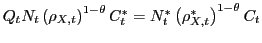 $ Q_{t}N_{t}\left( \rho_{X,t}\right) ^{1-\theta}C_{t}^{\ast}=N_{t}^{\ast }\left( \rho_{X,t}^{\ast}\right) ^{1-\theta}C_{t}$