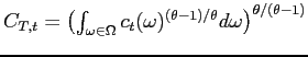 $ C_{T,t}=\left( \int_{\omega \in \Omega }c_{t}(\omega )^{\left( \theta -1\right) /\theta }d\omega \right) ^{\theta /\left( \theta -1\right) }$